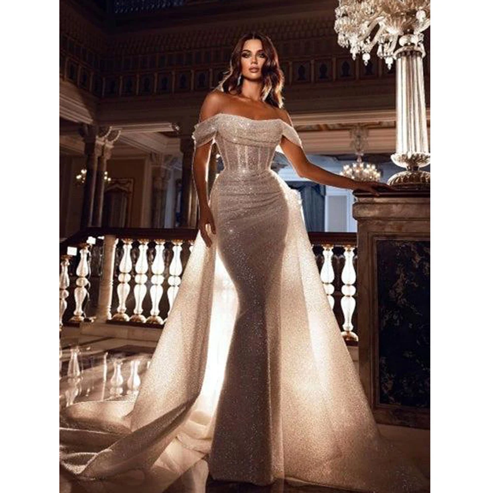 2023 Gorgeous Sparkly Sequined Evening Dresses For Women Off The Shoulder Mermaid Ruched Bust Prom Gown Wedding Party Vestidos