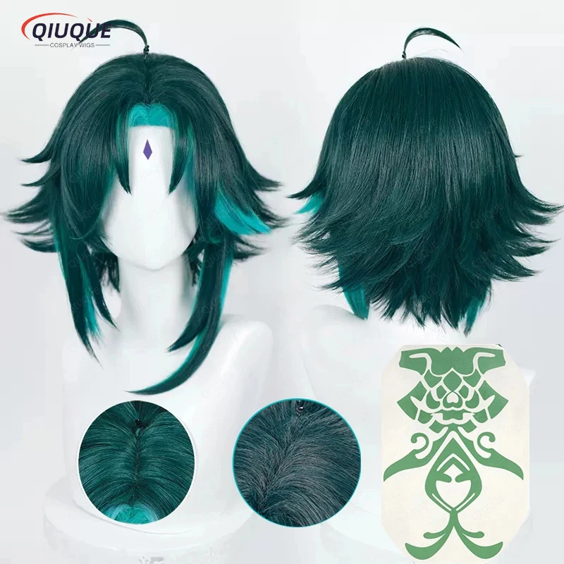 Xiao-Perruque de Cosplay Synthétique, Cheveux Courts et Lisses, Vert Foncé, Bonnet, Degré de Chaleur, Haute Qualité, Nouvel Impact