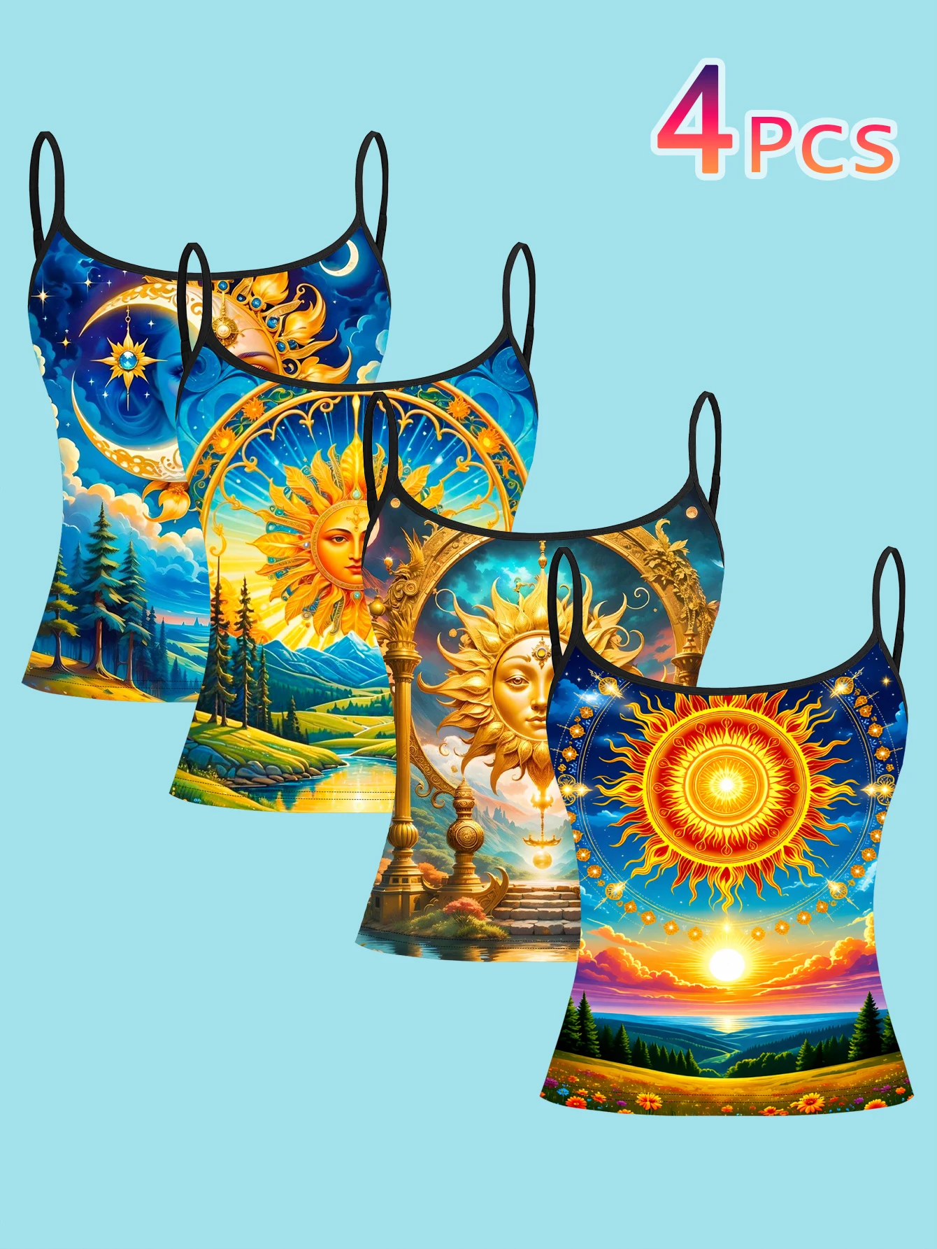 4-Piece Set of Gorgeous Sun God Celestial Print Camisoles, Golden Sun Face, Mountains, Rivers, and Forest Thin-Strap Sleeveless Tops, Artistic Retro Style Slim-Fit Inner and Outer Wear Vest Set
