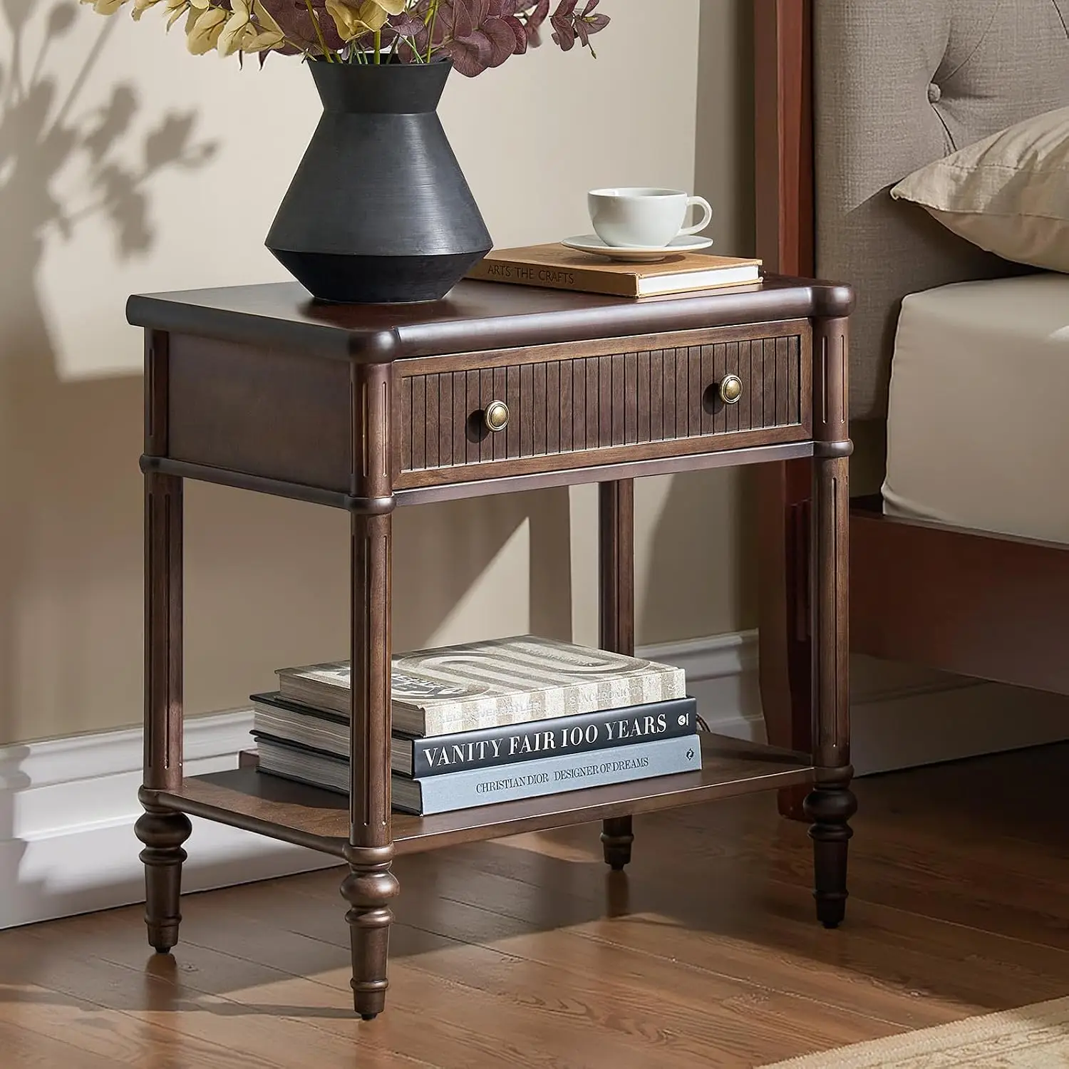 Traditional End Table Nightstand Open Shelf Fluted Charging Station Paulownia Wood Drawer Side Table Walnut, Customized