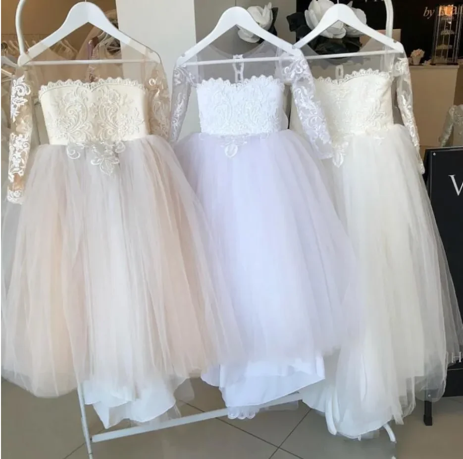 Vestido elegante de cumpleaños para niña, vestidos de flores color champán para boda, lazo, vestido de fiesta de princesa de encaje de manga larga