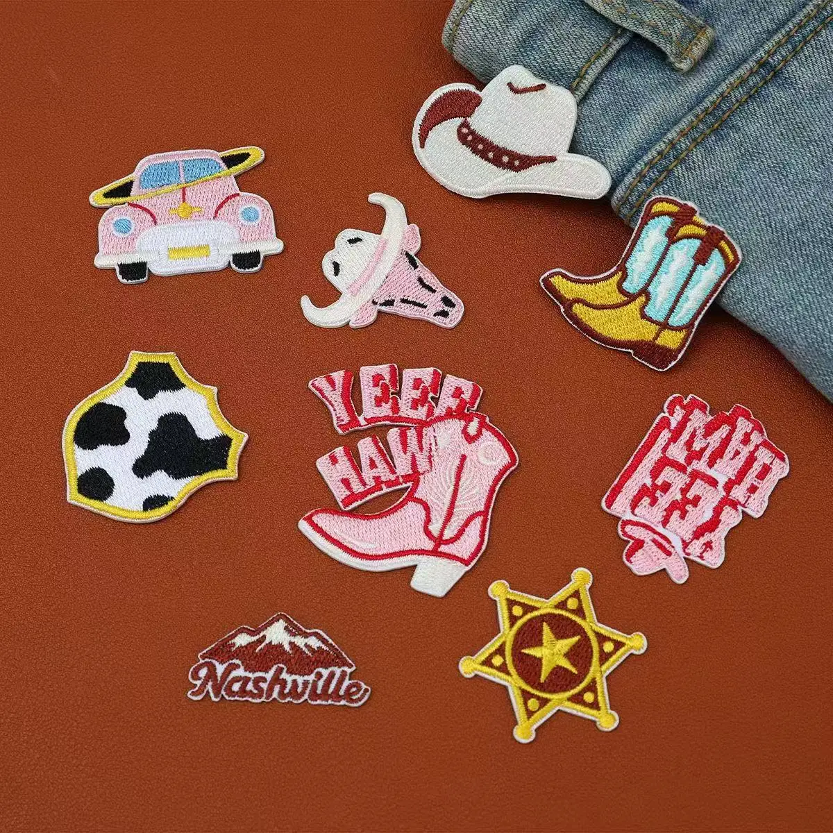 American Style Cow Embroidered Denim Patch Iron-On Decorative Sticker for Hats Bags Luggage Cross-Border Popular Sale