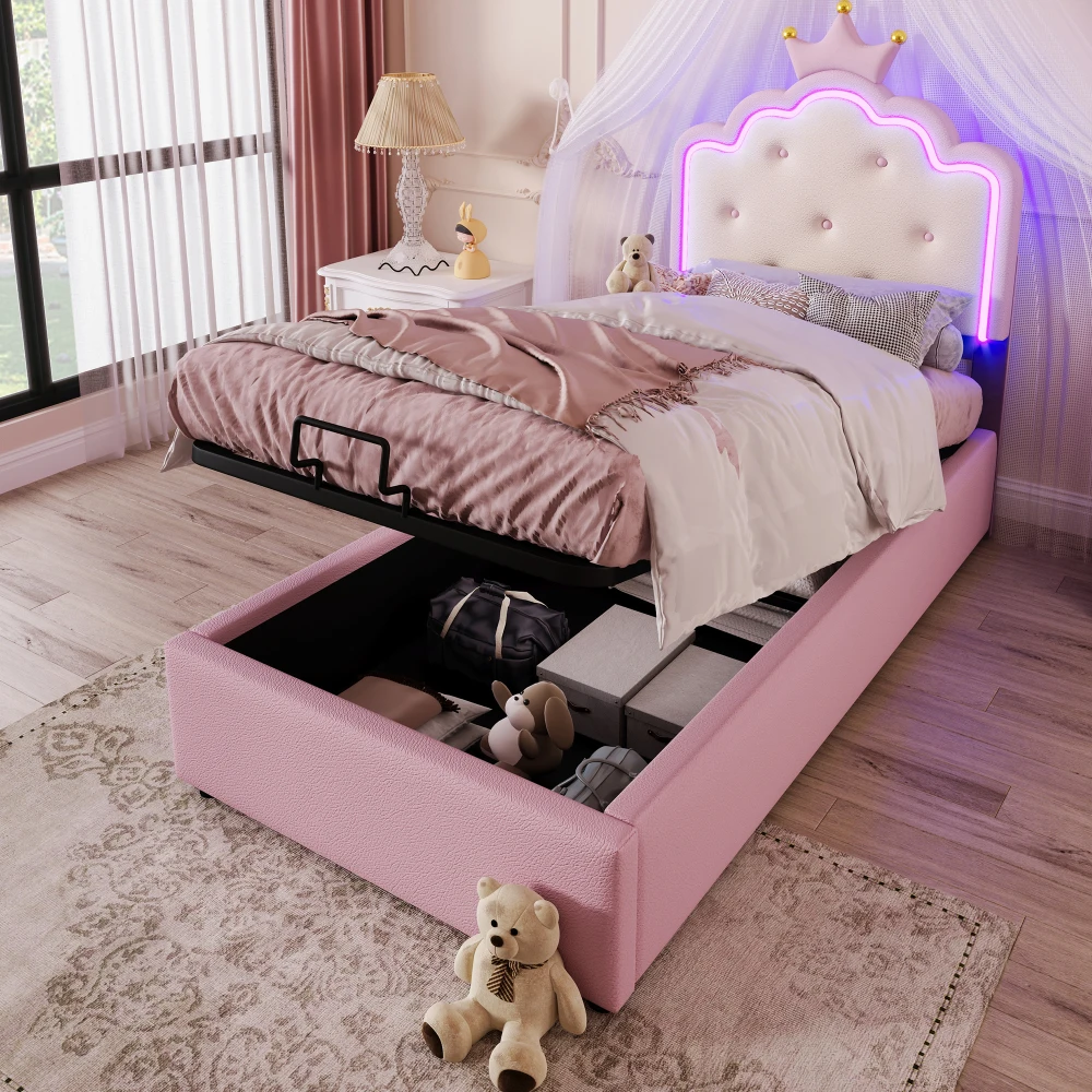 Cama tapizada con somier de láminas, iluminación ambiental con control remoto, diseño de princesa, espacio de almacenamiento hidráulico, PU, rosa