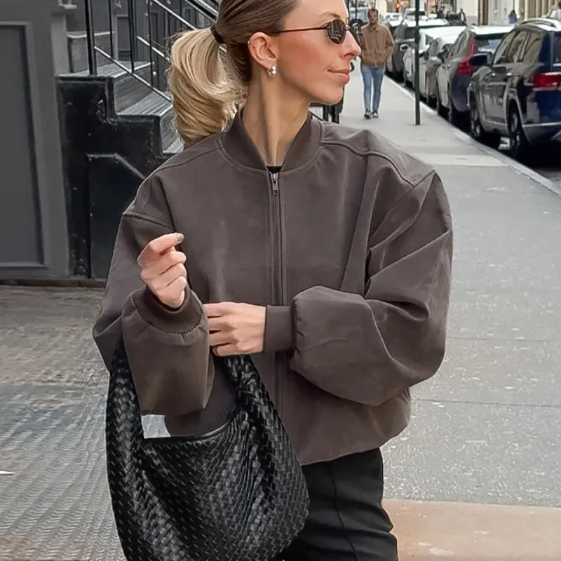 Minimalist Women's Long-sleeved Short Zipper Jacket with A High-end Feel This Autumn Winter Cross-border Retro Grey Suede Jacket