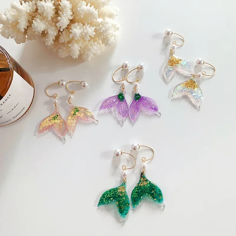 2024 Summer Korean Glitter Gradient Mermaid Earrings Fairy Pearl Rainbow Resin Statement Drop Dangle Earring for Women Jewelry