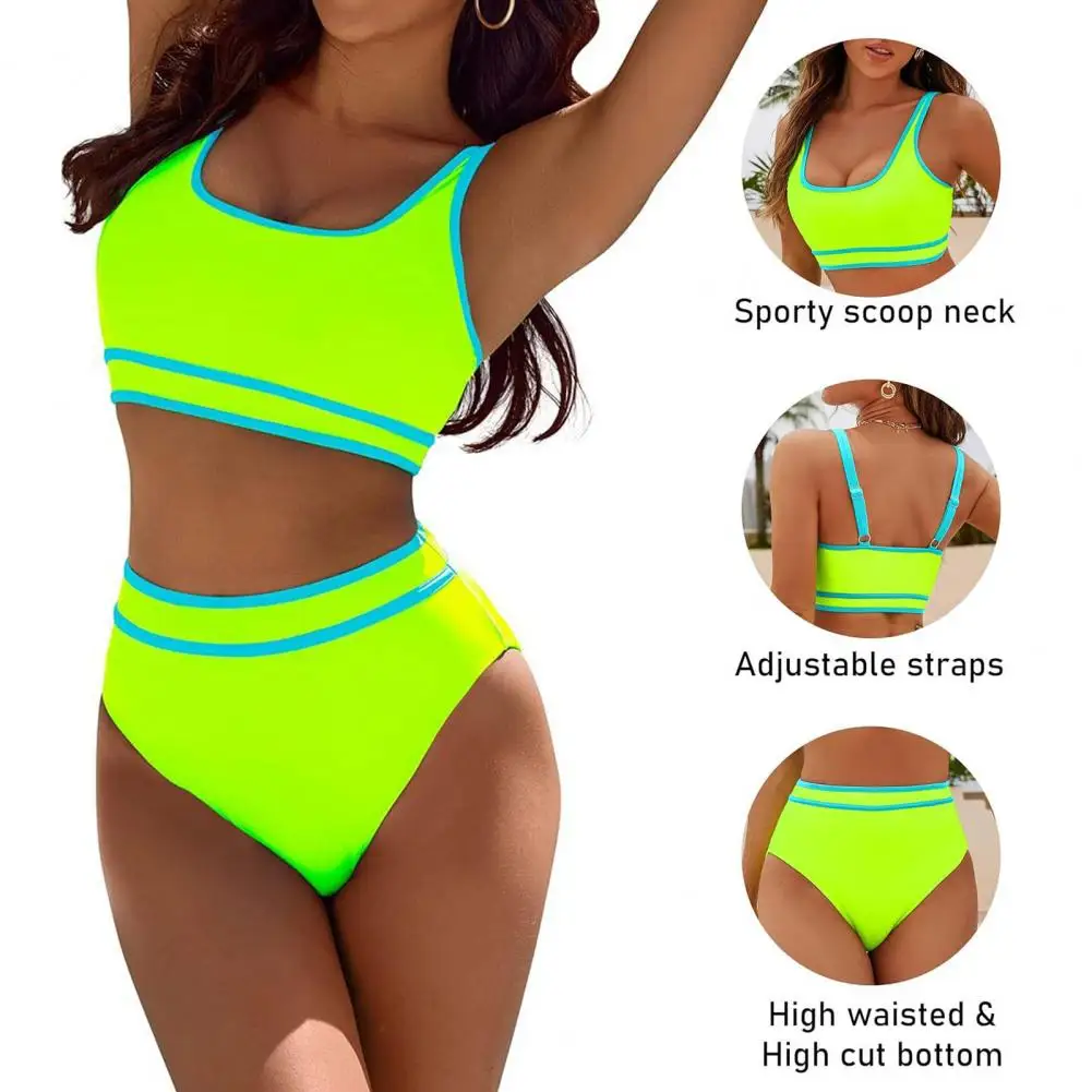 Contrast Color Swimwear Stylish Women's Bikini Set with High Waist Briefs U-neck Tank Top Color Block Design Sporty for Summer