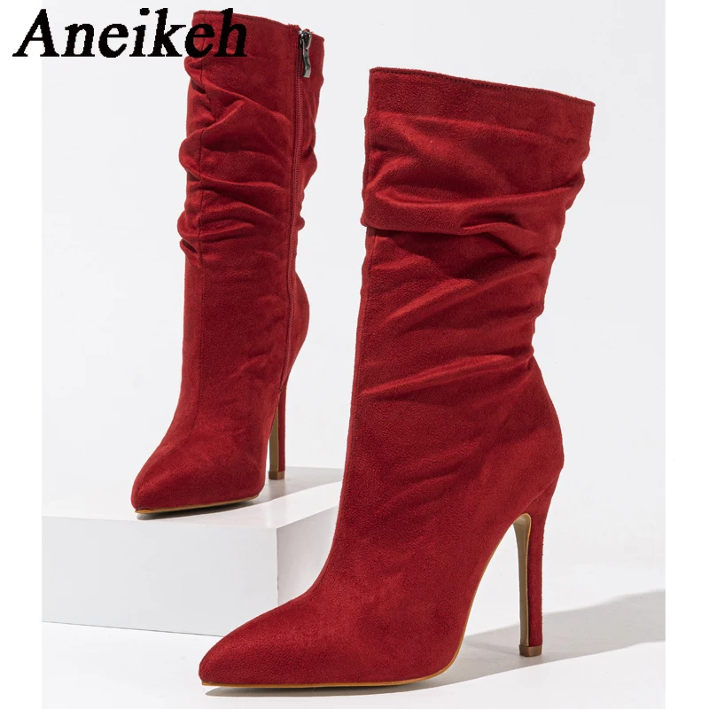 Aneikeh Sexy Pointed Toe Party Stripper Dance Heels Fashion Pleated Ankle Boots For Women Autumn Stiletto Shoes Chelsea Booties