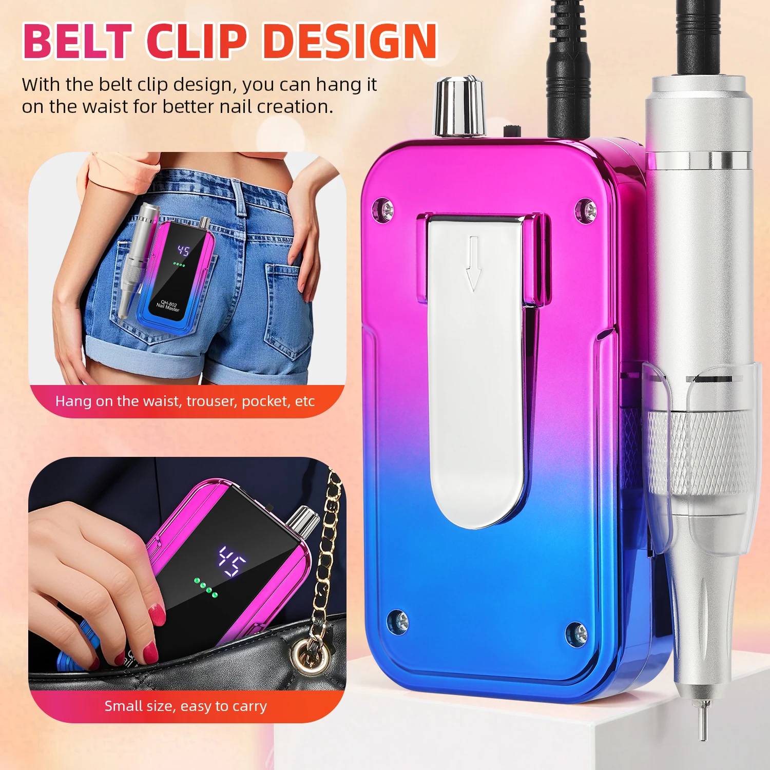 Professionelle 45000 U/min elektrische tragbare Nagelbohrmaschine wiederaufladbare Nagelschleifer mit geräuscharmer Nagelschleiferfeile für den Salon