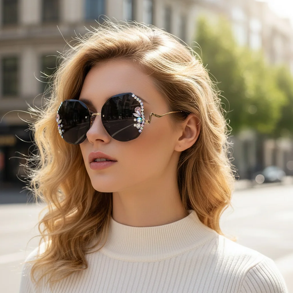 Internet-Famous Same Style Diamond Inlaid Cut-Edge Sunglasses Women High-End Sense Rimless Sunscreen Sunglasses 90125