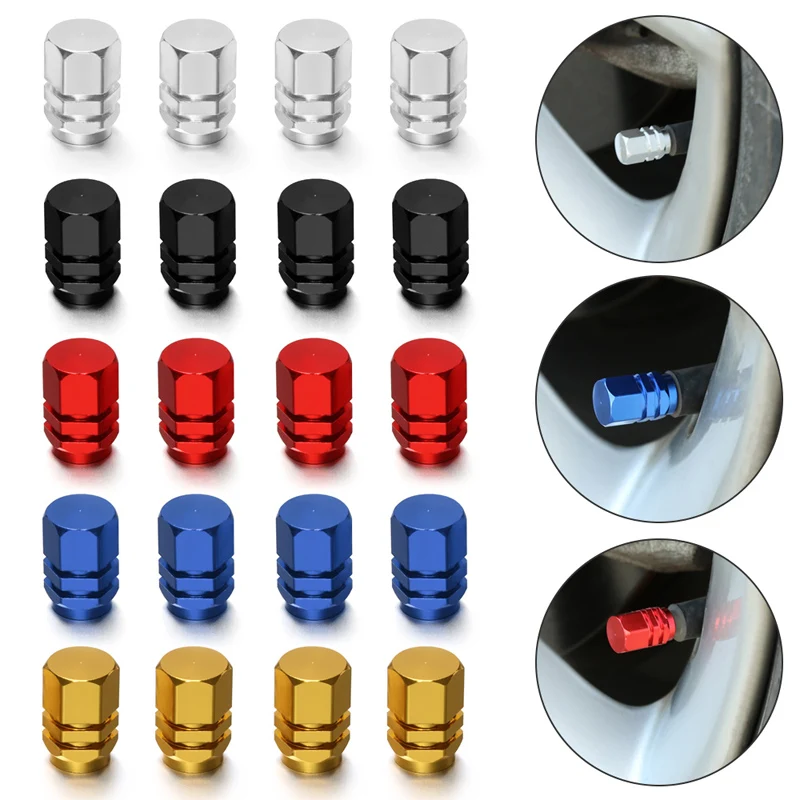 4pcs Aluminum Car Tire Valve Caps Hex Alloy Tyre Valve Stem Cover Air Dust Cap Tire Valve Truck Bike Wheel Rim Valve Stem Cap