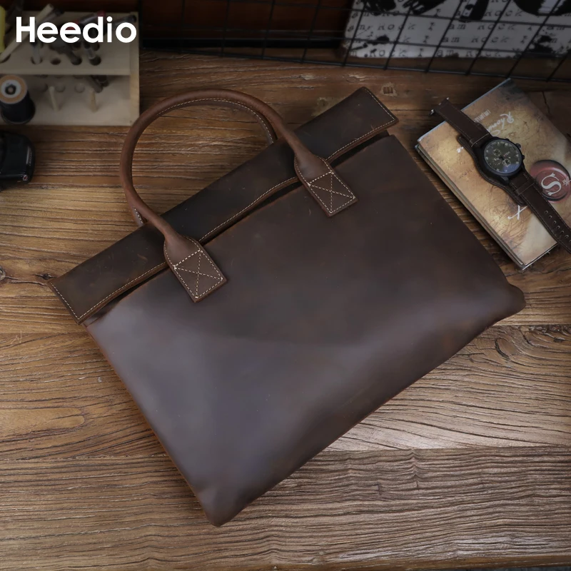 Retro Men\'s Briefcase Genuine Leather Handbag Top Layer Cowhide Business Tablet Bag Slim Clutch For 16-Inch Laptop