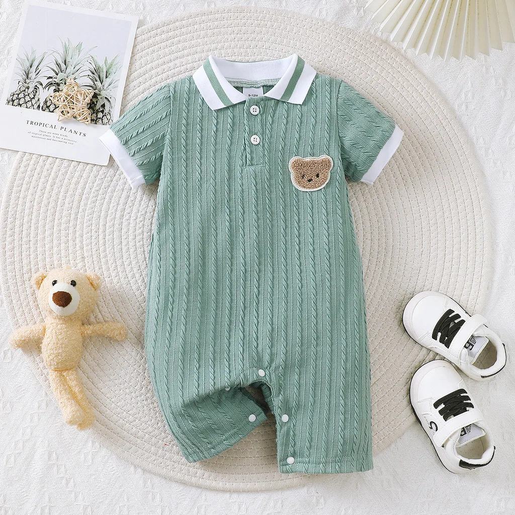 Newborn Baby Boy Romper Short Sleeved Striped Lapel with Little Bear Pattern Gentleman's Jumpsuit Summer Baby Onesie1-18Months
