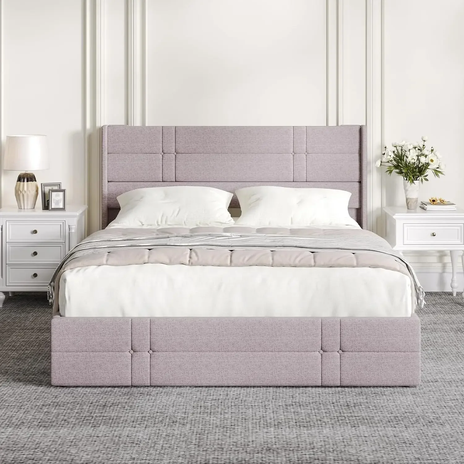 Cama de almacenamiento elevable tamaño Queen Novilla, con cabecero de tela, almacenamiento hidráulico, no necesita somier, soporte de listones de madera, Upholst