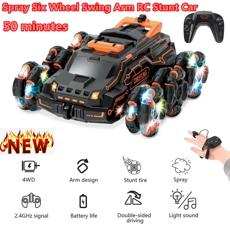 

6 Wheels RC Car With Sound Light Spray Swing Arm Stunt Car Deformation Drift Watch Remote Control Car Toys For Children 50 minut