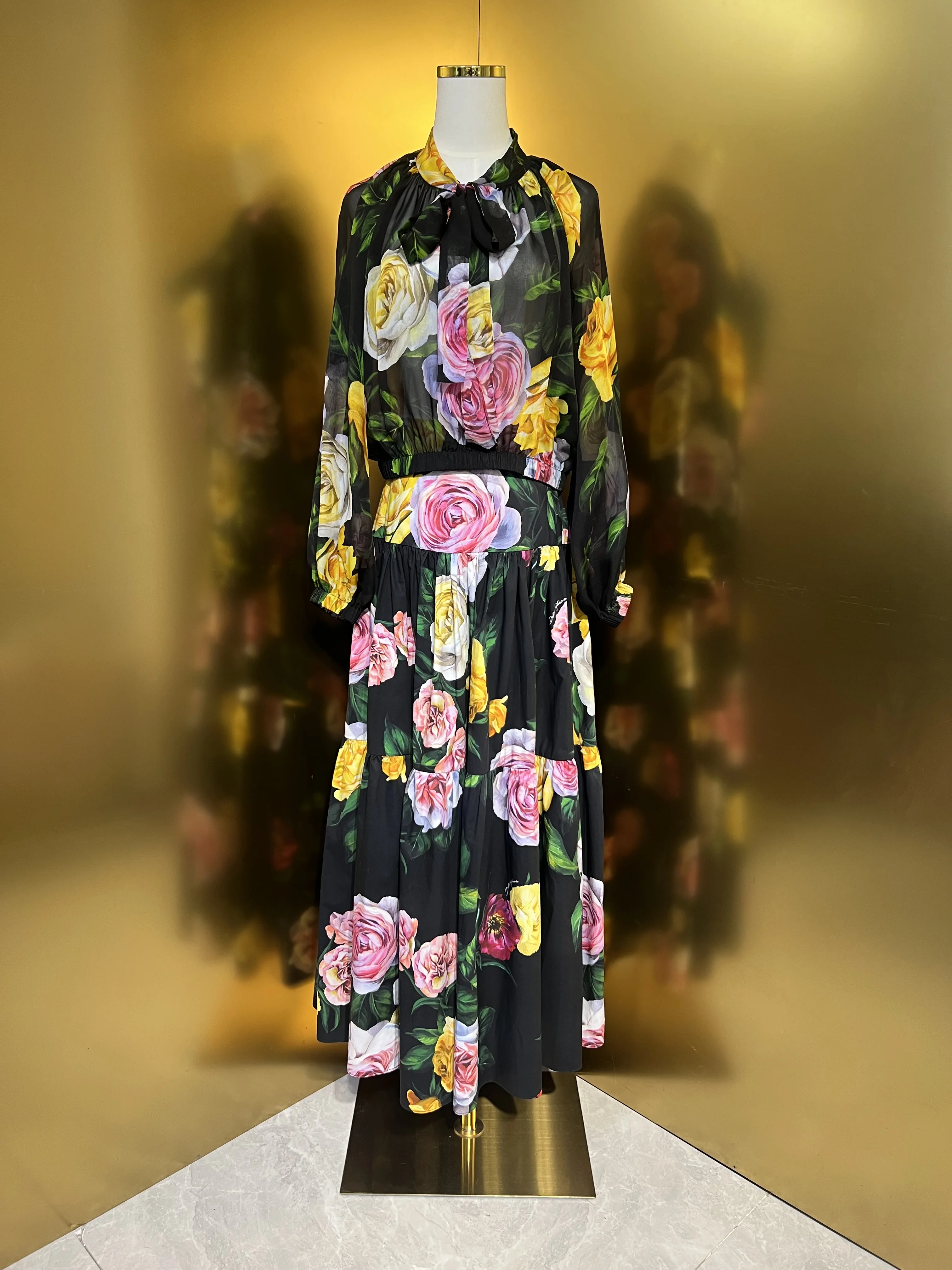 2025 Latest Collection 100% Mulberry Silk Rose and Peony Floral Print Chiffon Top, Elegant and Breathable