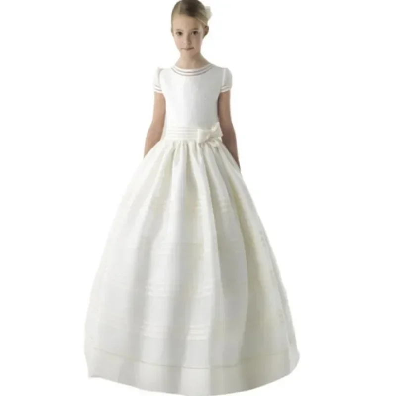 

Flower Girl Dress SATIN O-Neck A-LINE Floor-Length Baby Girl Wedding Princess Pageant Birthday Party First Communion Gown