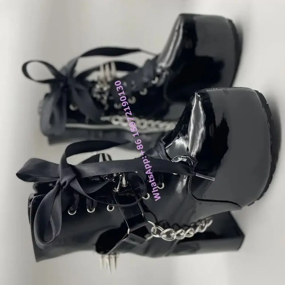 

Ribbon Tied Rivet Black Boots Dark Punk Metal Chain Rock Luxury Patent Leather Platform Shoes Round Toe Chunky Heels Ankle Boots