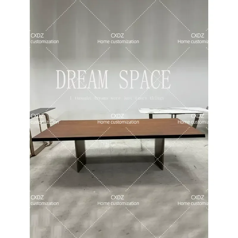 Simple medieval solid wood rectangular dining table artistic creative stainless steel foot desk furniture