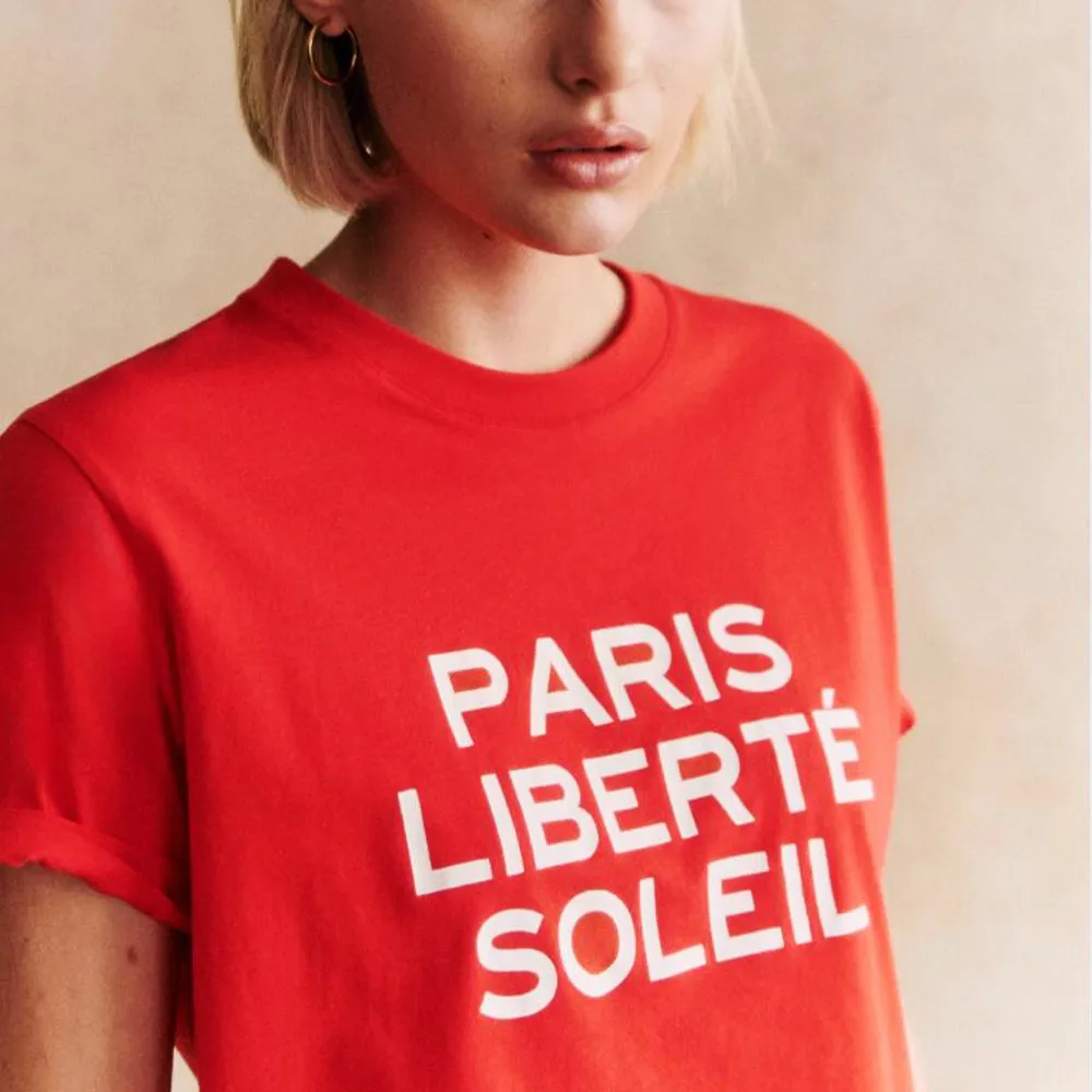 Paris Liberte Soleil Letters Printed Vintage Red Short Sleeve T Shirts Female Summer Loose Cotton Casual Tops Chic Tees 2024 New