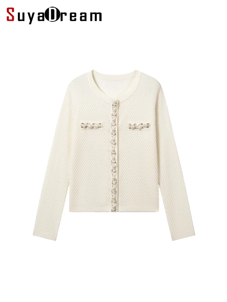 

SuyaDream, Cardigans For Woman, 32.4%Wool, Beading Round Collar, Solid Black Sweaters, 2024 Fall Winter Jackets, White