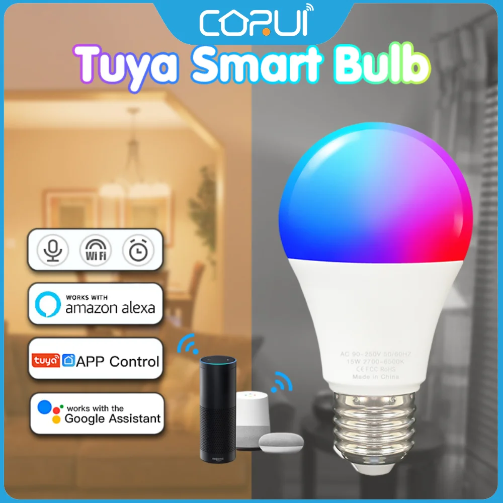 CORUI Tuya Smart WiFi RGB+CW Dimmable LED Bulb B22 E27 Smart Life App Control Lamp Alexa Voice Control With Google Home Alice