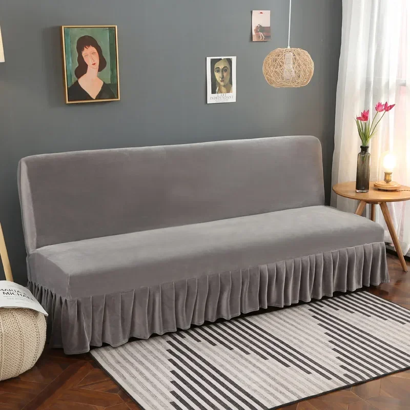 Stretch Velvet Futon Sofa Bed Cover Armless Thick Plush Sofa Cover with Skirt Sofa Slipcover Couch Cover Furniture Protector 1pc