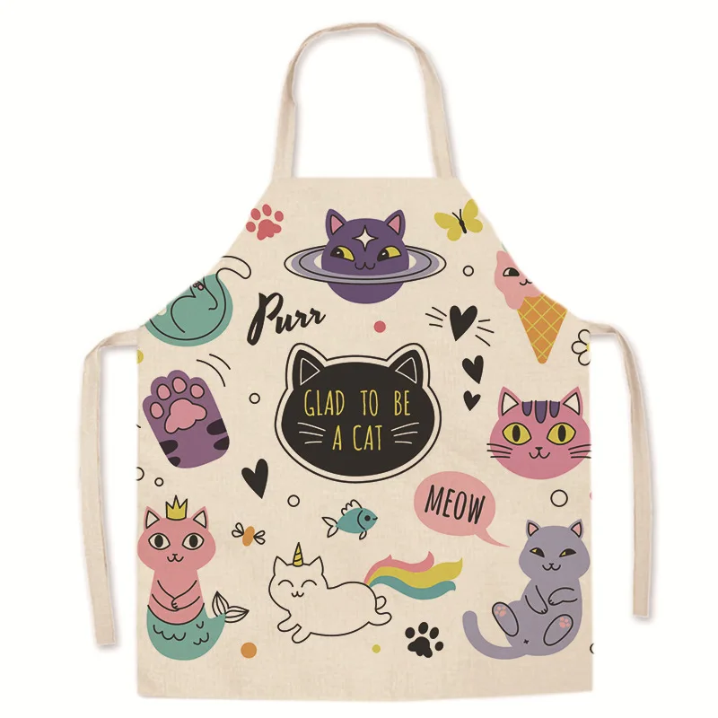 1Pcs Cotton Linen Halter Design Kitchen Supplies Anti-fouling Cartoon Cat for Waterproof Aprons Men Women Baking Accessories