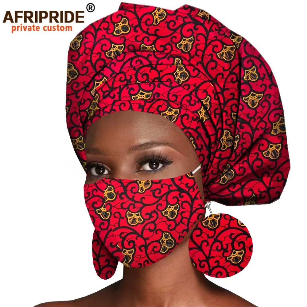 

African Headwrap Earrings Hair Accessories Scarf Bonnet Ankara Wax Fabric Head Turban African Headscarf Mask Match Print A20H004