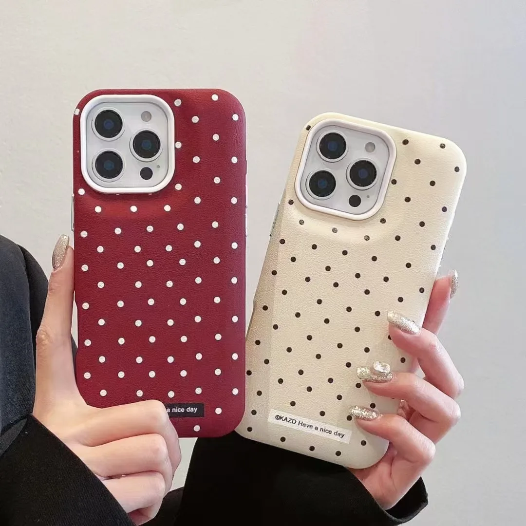 Korean INS 3-in-1 Leather Texture Polka Dots Chic Puff Phone Case for iPhone 16 15 14 13 12 ProMax PIus 11 Back Phone Cover Capa