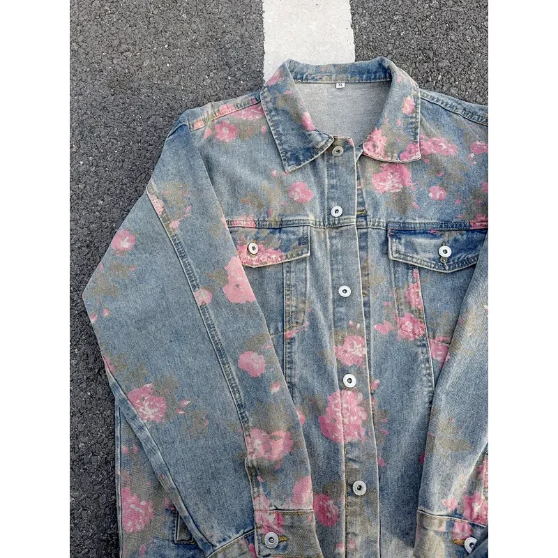 2025 2025 2025 Chaquetas vaqueras con estampado de rosas nuevas para hombres y mujeres, abrigos vaqueros Vintage, ropa informal gótica de gran tamaño para hombres