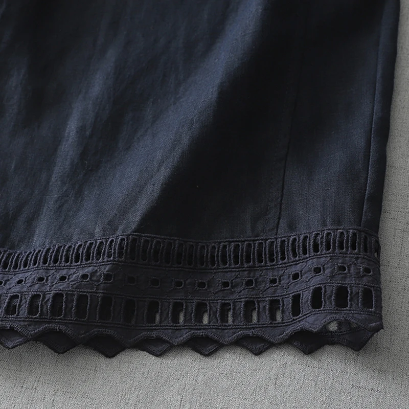 Ele dunne katoenen linnen elastische taille casual broek dames bloemenkant losse rechte pijpen wijde pijpen broek negen punten broek