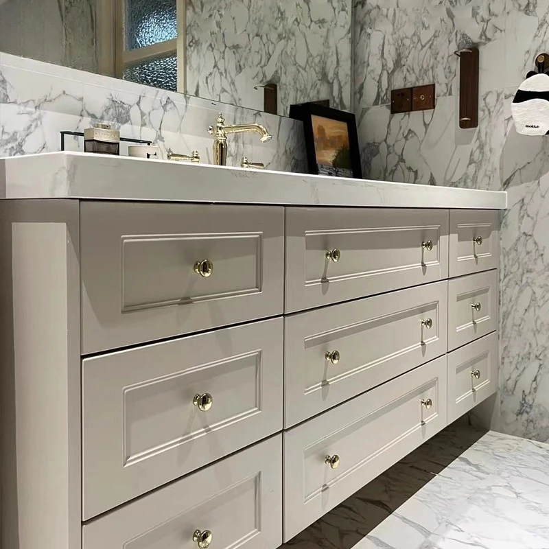Rock slab seamless integrated basin light luxury oak bathroom cabinet cream wind bathroom custom face wash basin