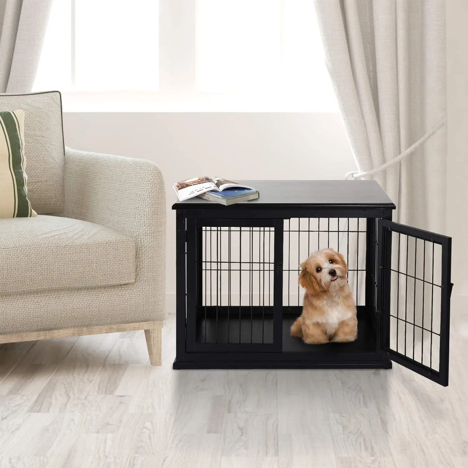 Dog Crate Furniture, Small Dog Cage End Table with Two Opening Sides, Lockable Door, Cute and Decorative, Black