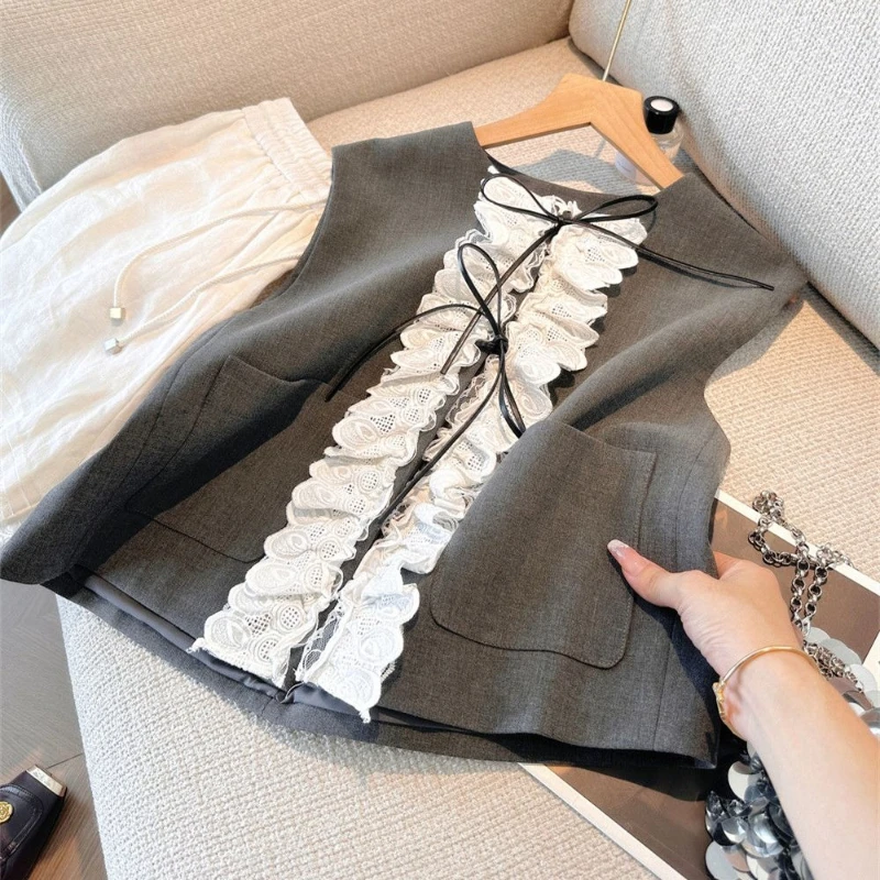 New Chinese Style Lace Patchwork Fungus Coat Women Minority Loose Sleeveless Slim Vest All-match Sweet Soft Lazy Jackets