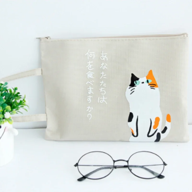 A4 Canvas Document Bag Lovely Cat Zipper File Bag Large Capacity Durable File Pouch Reticule for School Business