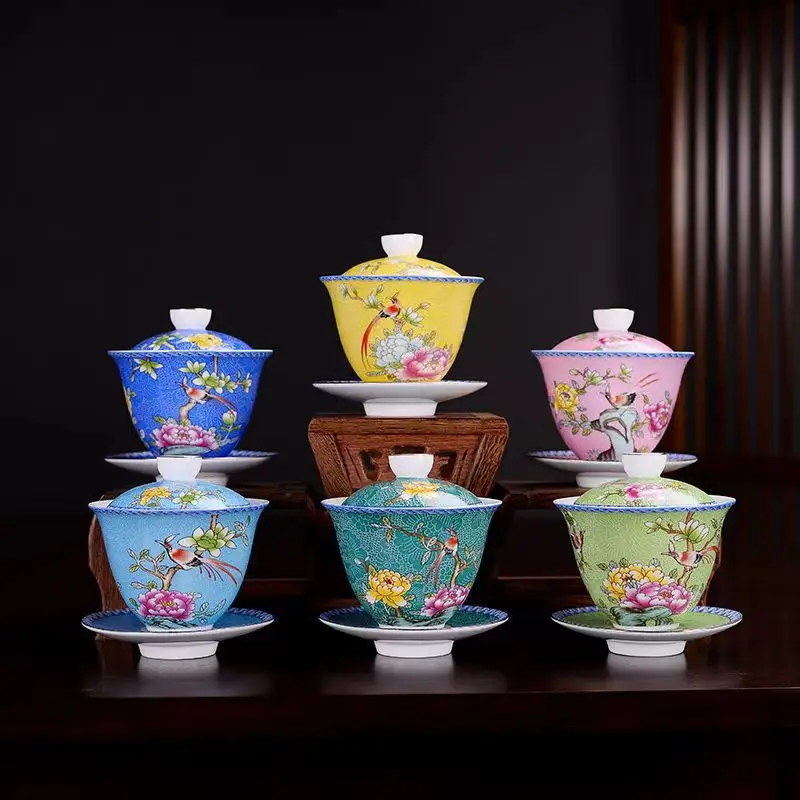 HMLOVE Color Enamel Sancai Gaiwan White Porcelain Cover Bowl Lid Saucer Kung Fu Tea Sets Handmade Tureen Travel Teaware Gift