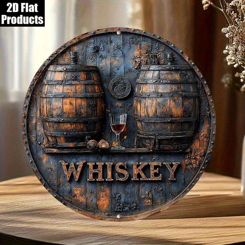 2D Retro Whisky Barrel Pattern Round Wooden Sign Home Bar Club Party Decoration Hanging Ornament Photo Props Gifts