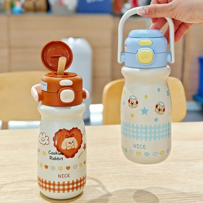 

Dual Use Baby Bottle Style Vacuum Insulated Water Bottle Cartoon Portable Stainless Steel Straw Cup Exquisite Student Cup Gift