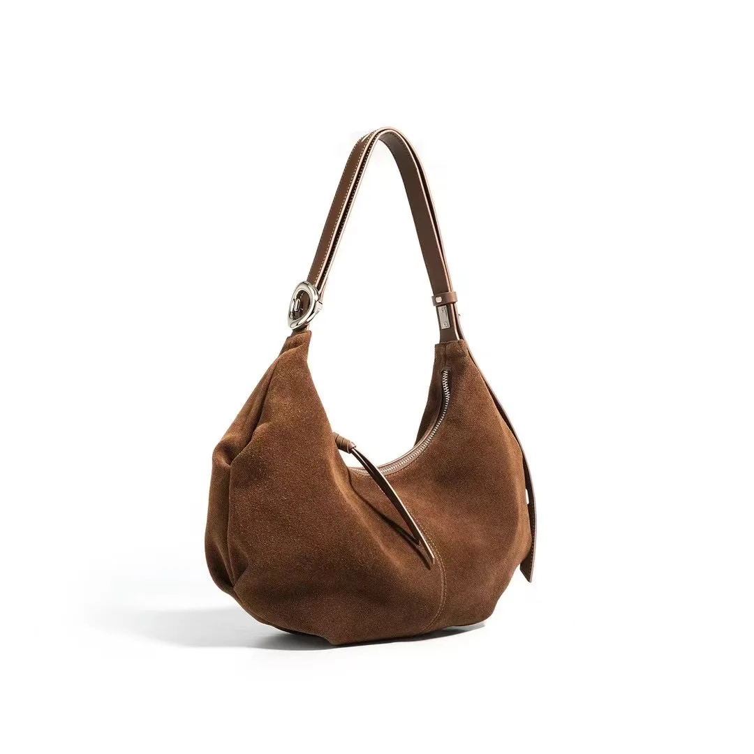 2024 new women's bag frosted cowhide fashionable and simple car stitching single shoulder armpit bag crescent bag