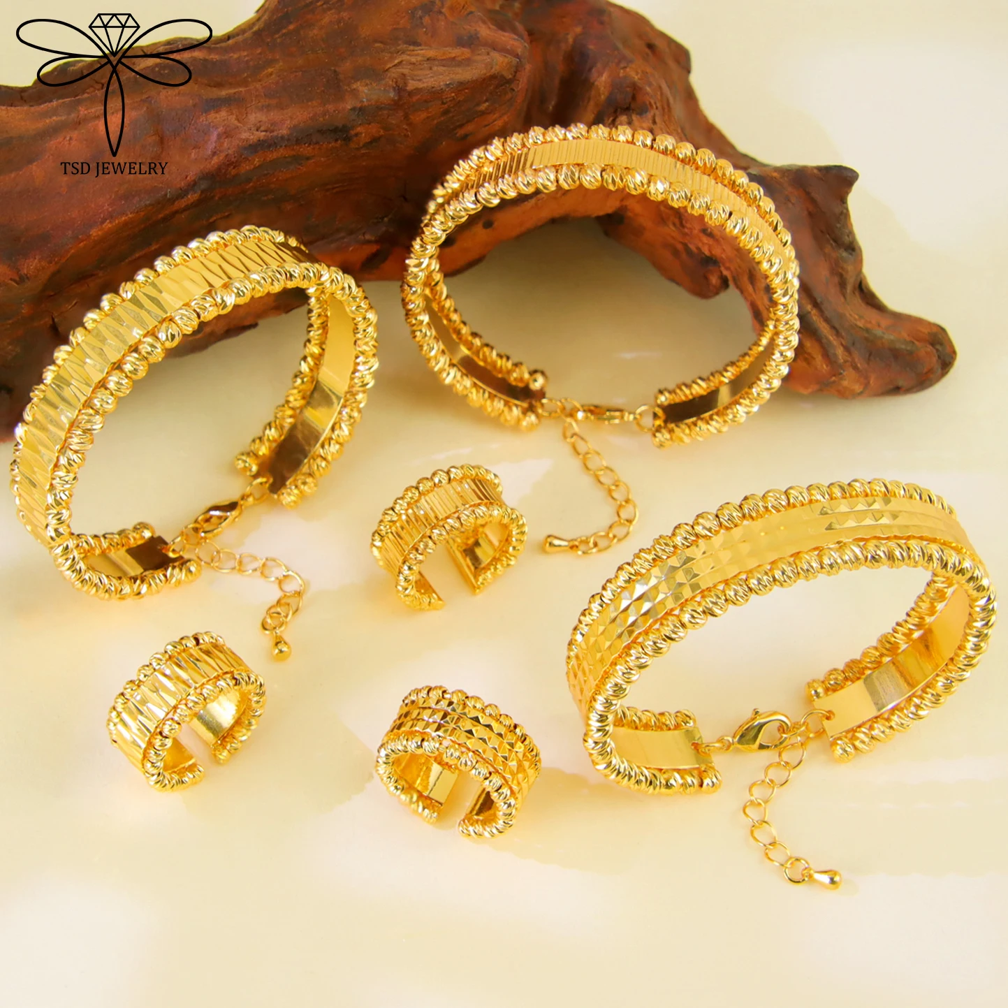 

Luxury Dubai Gold Wedding Jewelry Set 21k Gold Plated Nigeria Bridal Opening Bracelet Ring Turkish Women Vintage Marry Jewelrys