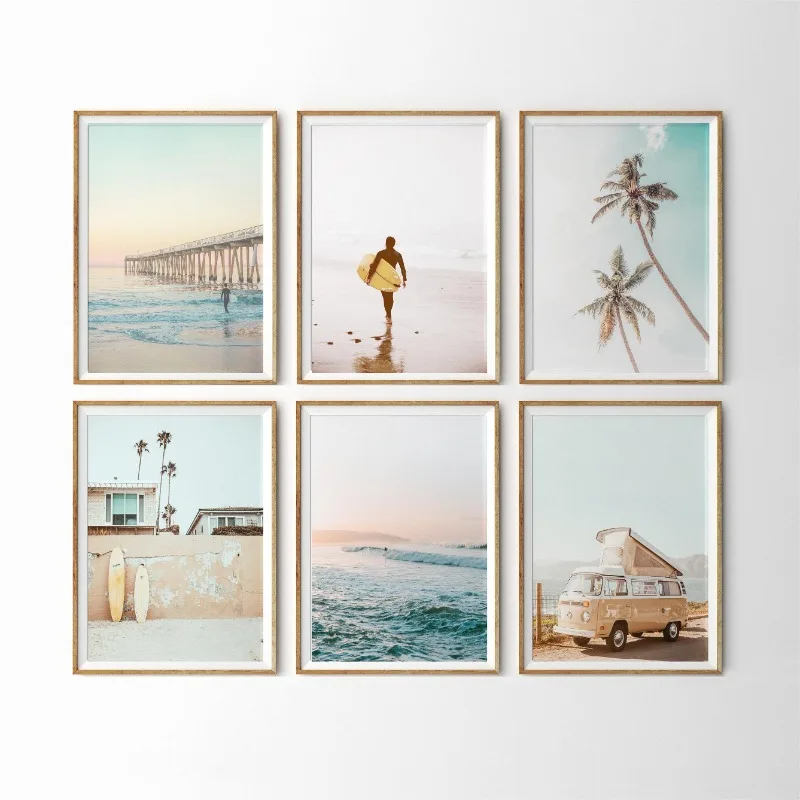 Summer California Surf Beach Sunset Surfboard Coastal Posters and Prints Canvas Printing Wall Art Picture for Living Room Decor