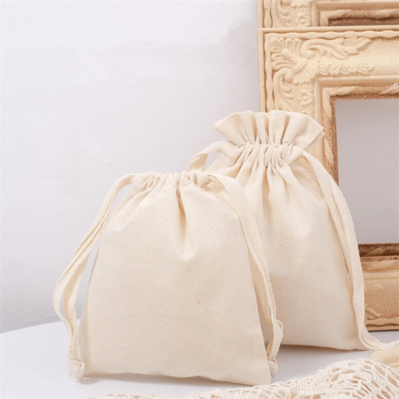 Small Canvas Drawstring Bag Portable Cosmetic Jewelry Travel Storage Pouch Dustproof Eco Cotton Cloth Bags for Women Solid Color