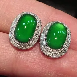 Classic Design Natural Green Chalcedony Oval Earings Stud Silver Crystal Shining Earrings for Women Fashion Light Luxury Jewelry