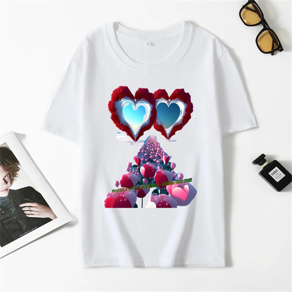 Floral heart-shaped Valentine's Day costume print Cotton short-sleeved women's T-shirt round neck loose shirt