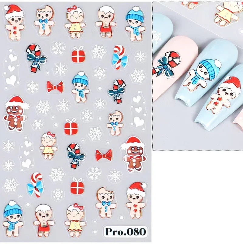 5D Embossed Elk Nail Art Sticker Cute Christmas Winter Santa Claus Snowflake Gingerbread Man Engraved Slider Manicure Decoration