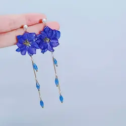 Unique Blue Delphiniums Pressed Flower Earrings Elegant Hydrangea Long Earrings Natural Real Flower Jewelry Custom Packaging