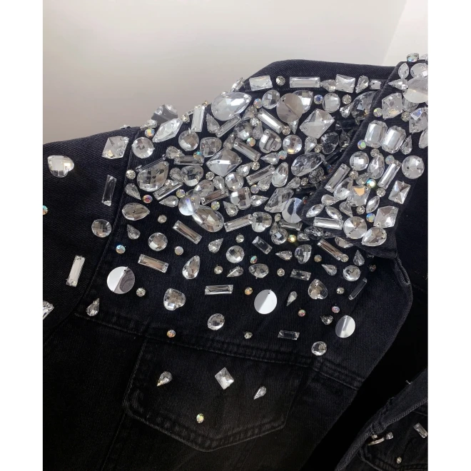 Fashion Women's 2024 Autumn New Trendy Sparkling Diamond Beaded Sequins Black Denim Jacket Women's High Street Diamond Denim Top