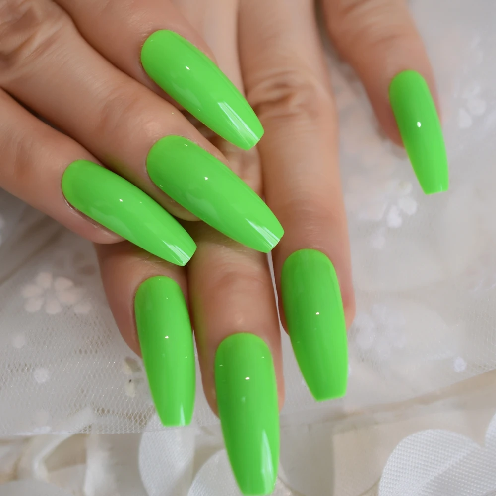 NEON Nails Wonderful Summer Green False Nails Bright Color Beautiful Extra Long Coffin Press on Nail with Adhesive Glue Sticker