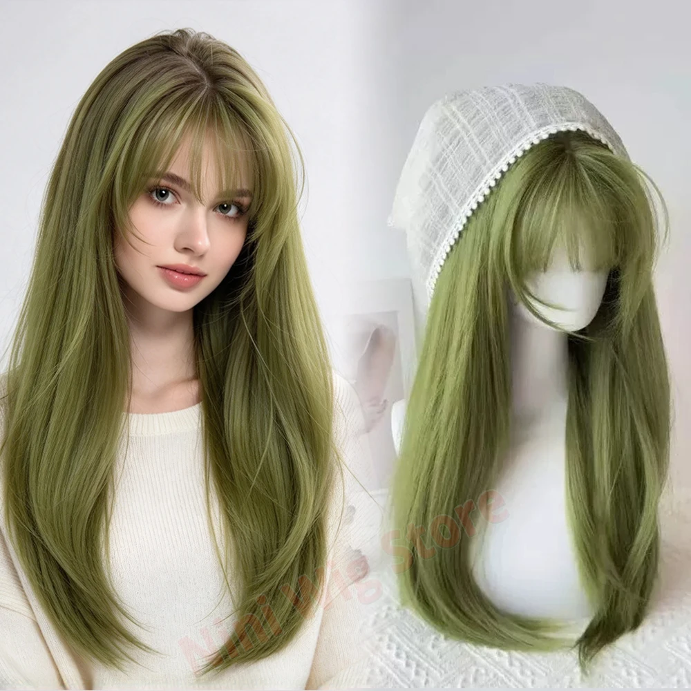 Green Long Straight Wig with Bangs for Women Natural Synthetic Hair Cosplay Wig Heat Resistant Wigs for Daily Halloween Party