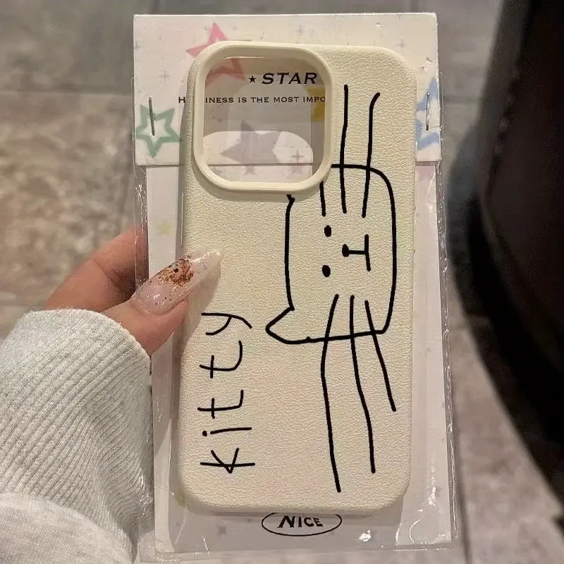 

Abstract Creative Cute Cat Line Lichee Pattern Silicone Case For iPhone 17 16 Pro Max 15 14 Plus 13 12 11 XS Max X XR 16E Cover